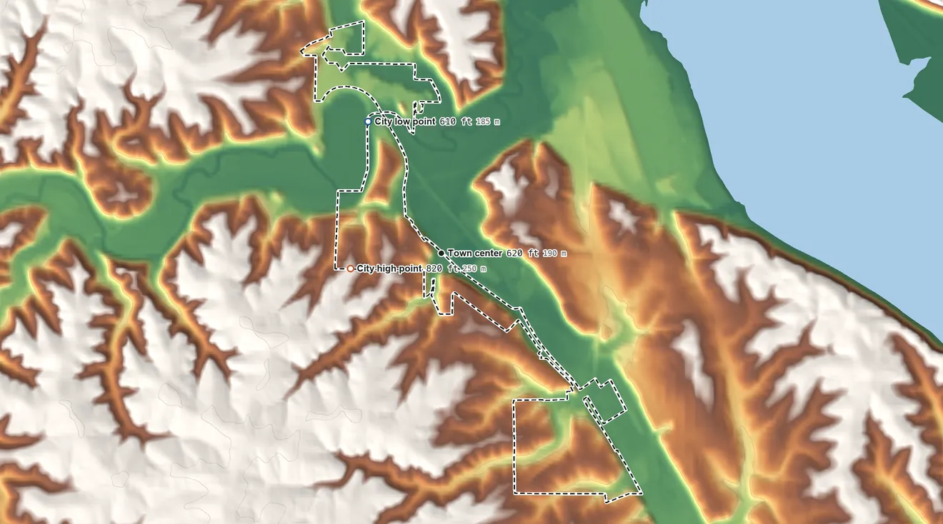 Topographic elevation map of Sageville, Iowa, shaded from 610 ft on the northwest side to 820 ft on the west side