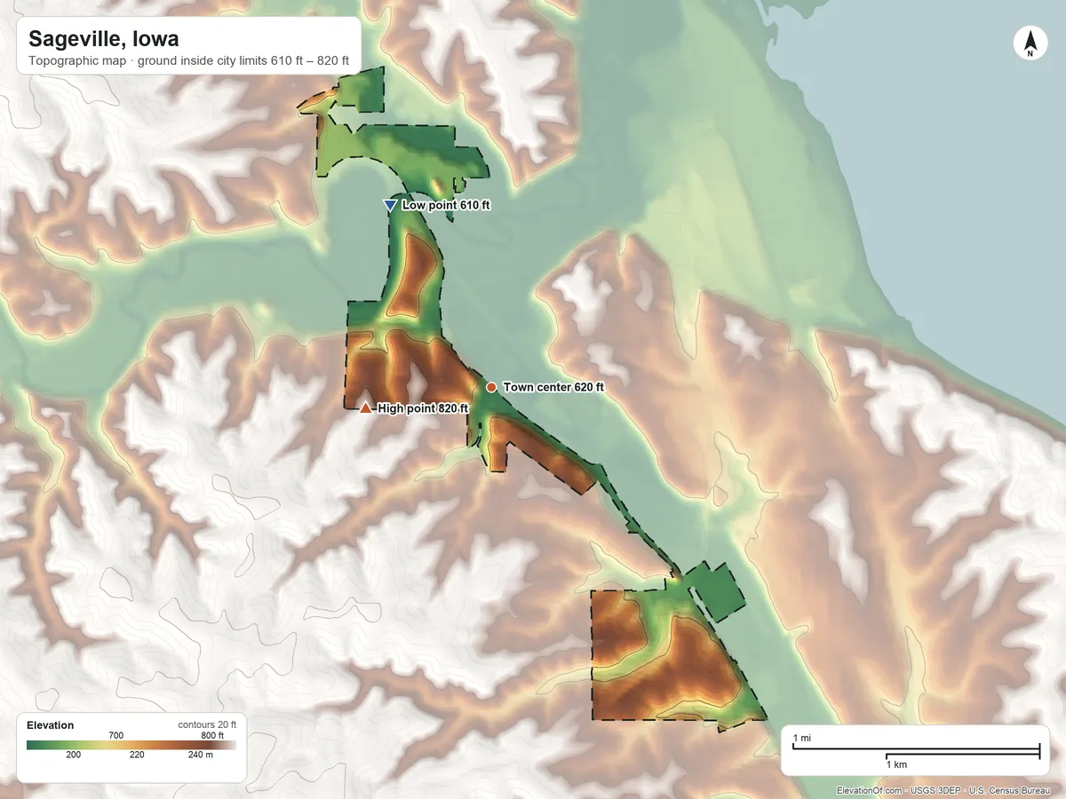 Topographic elevation map of Sageville, Iowa, shaded from 610 ft on the northwest side to 820 ft on the west side