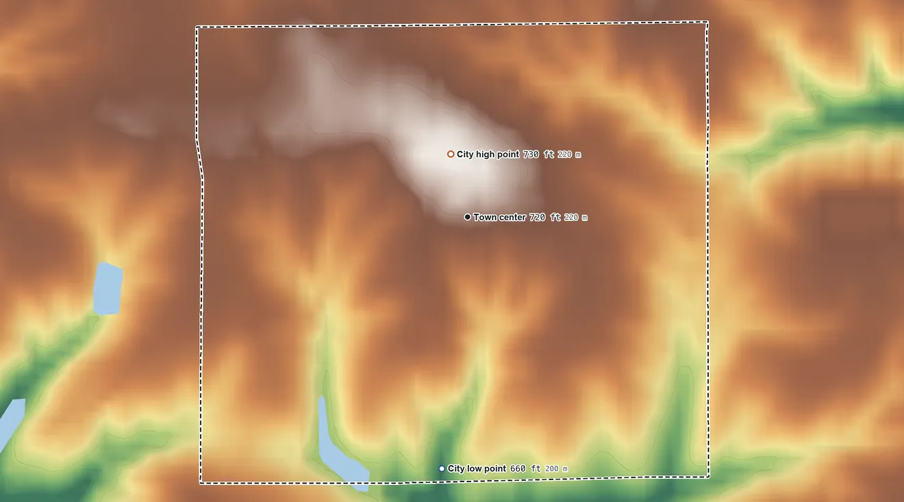 Topographic elevation map of Salem, Iowa, shaded from 660 ft on the south side to 730 ft near the middle