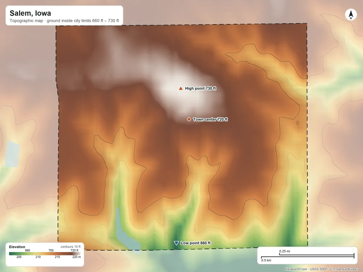 Topographic elevation map of Salem, Iowa, shaded from 660 ft on the south side to 730 ft near the middle