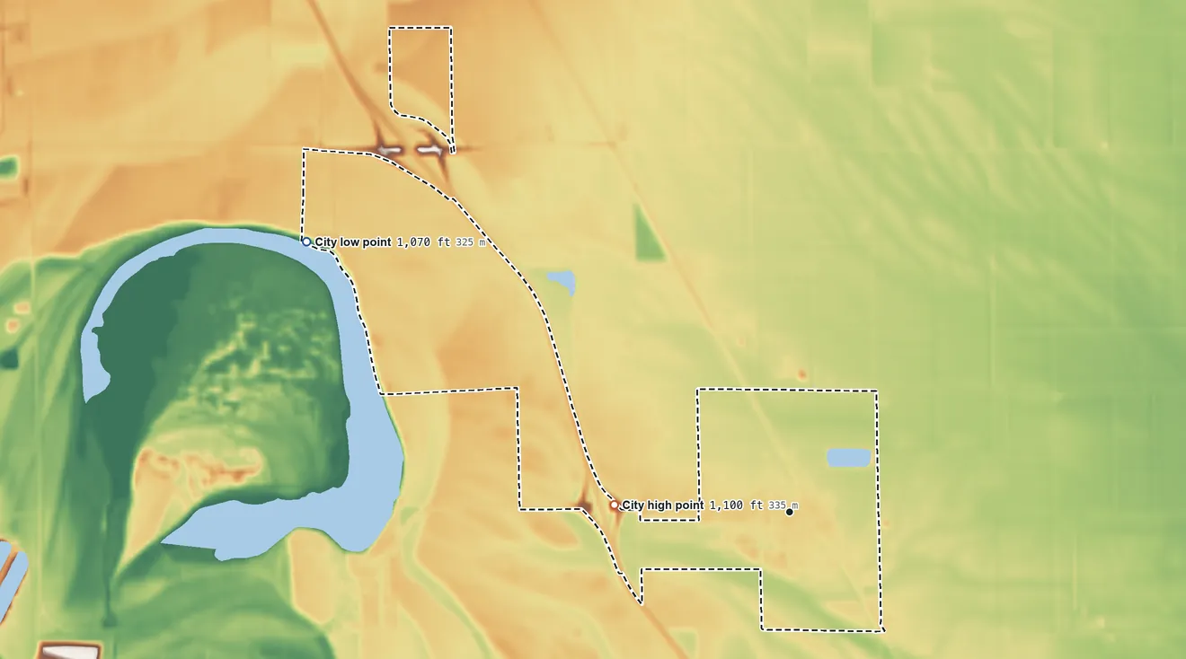 Topographic elevation map of Salix, Iowa, shaded from 1,070 ft on the northwest side to 1,100 ft on the west side