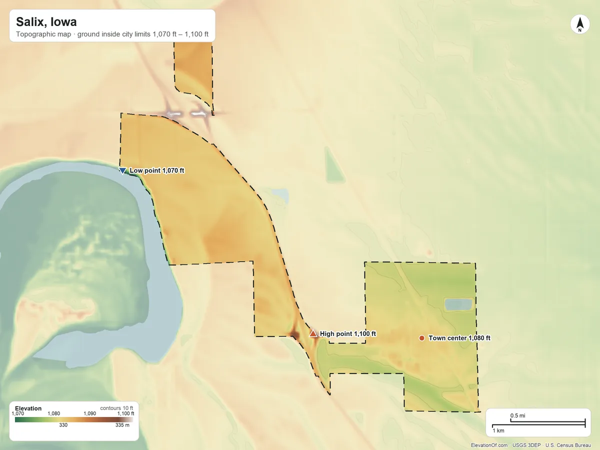Topographic elevation map of Salix, Iowa, shaded from 1,070 ft on the northwest side to 1,100 ft on the west side