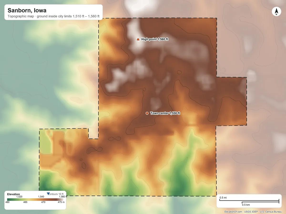 Topographic elevation map of Sanborn, Iowa, shaded from 1,510 ft on the southwest side to 1,560 ft on the north side