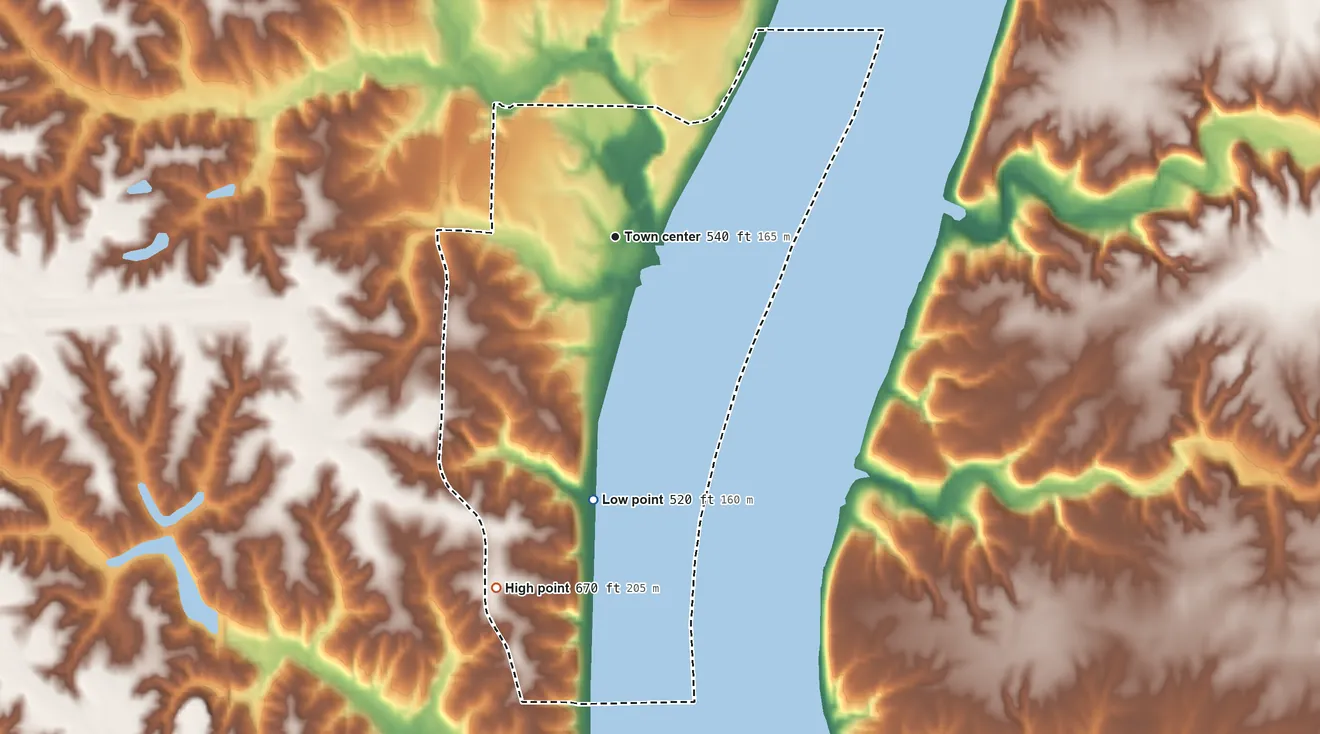 Topographic elevation map of Sandusky, Iowa, shaded from 520 ft on the south side to 670 ft on the south side