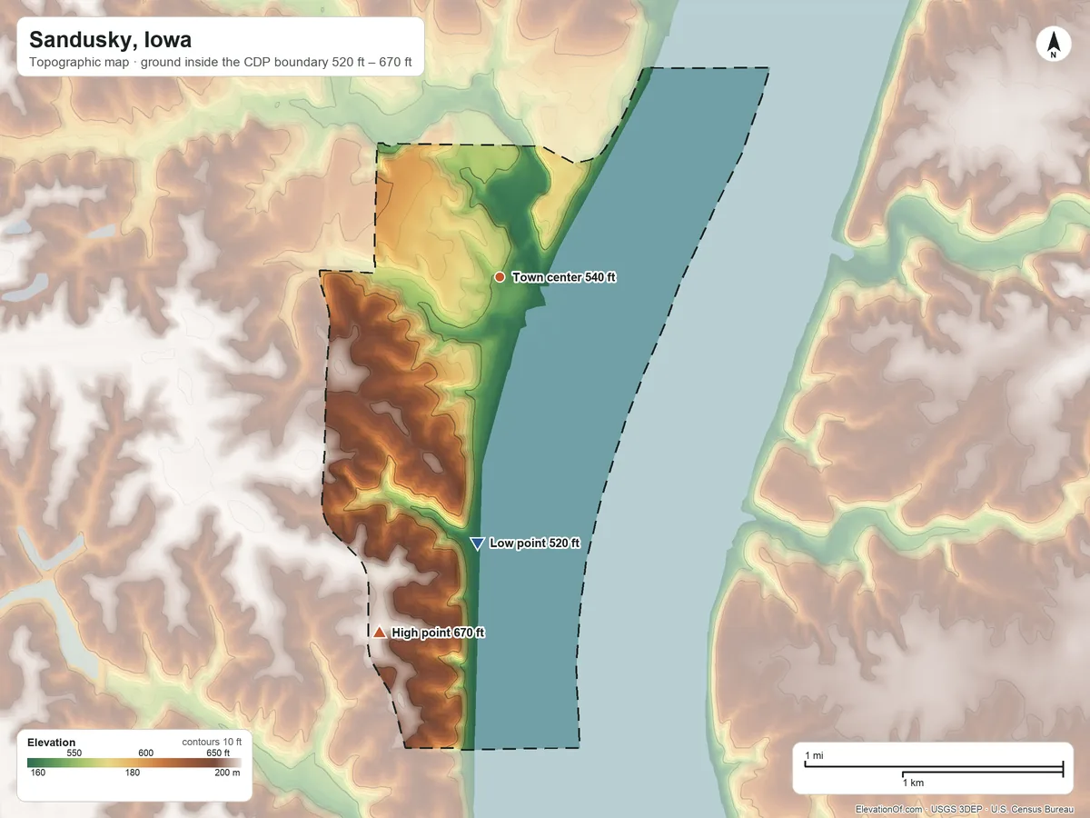 Topographic elevation map of Sandusky, Iowa, shaded from 520 ft on the south side to 670 ft on the south side