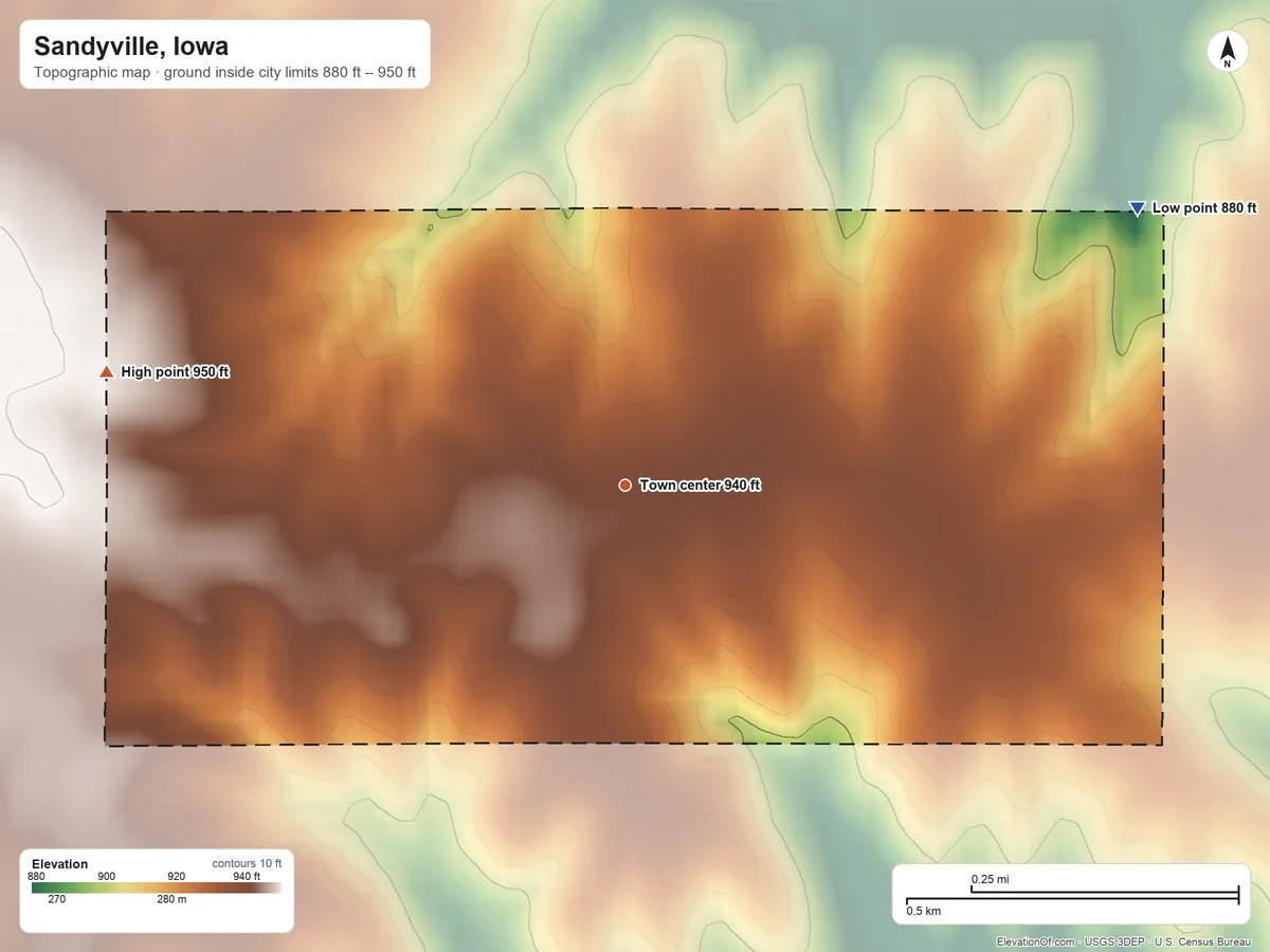 Topographic elevation map of Sandyville, Iowa, shaded from 880 ft on the northeast side to 950 ft on the west side