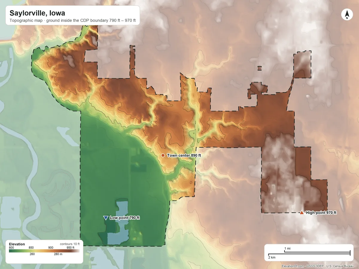 Topographic elevation map of Saylorville, Iowa, shaded from 790 ft on the southwest side to 970 ft on the east side