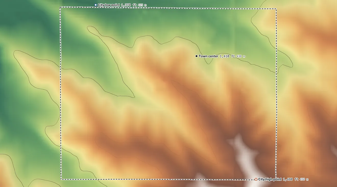 Topographic elevation map of Schaller, Iowa, shaded from 1,370 ft on the northwest side to 1,480 ft on the southeast side