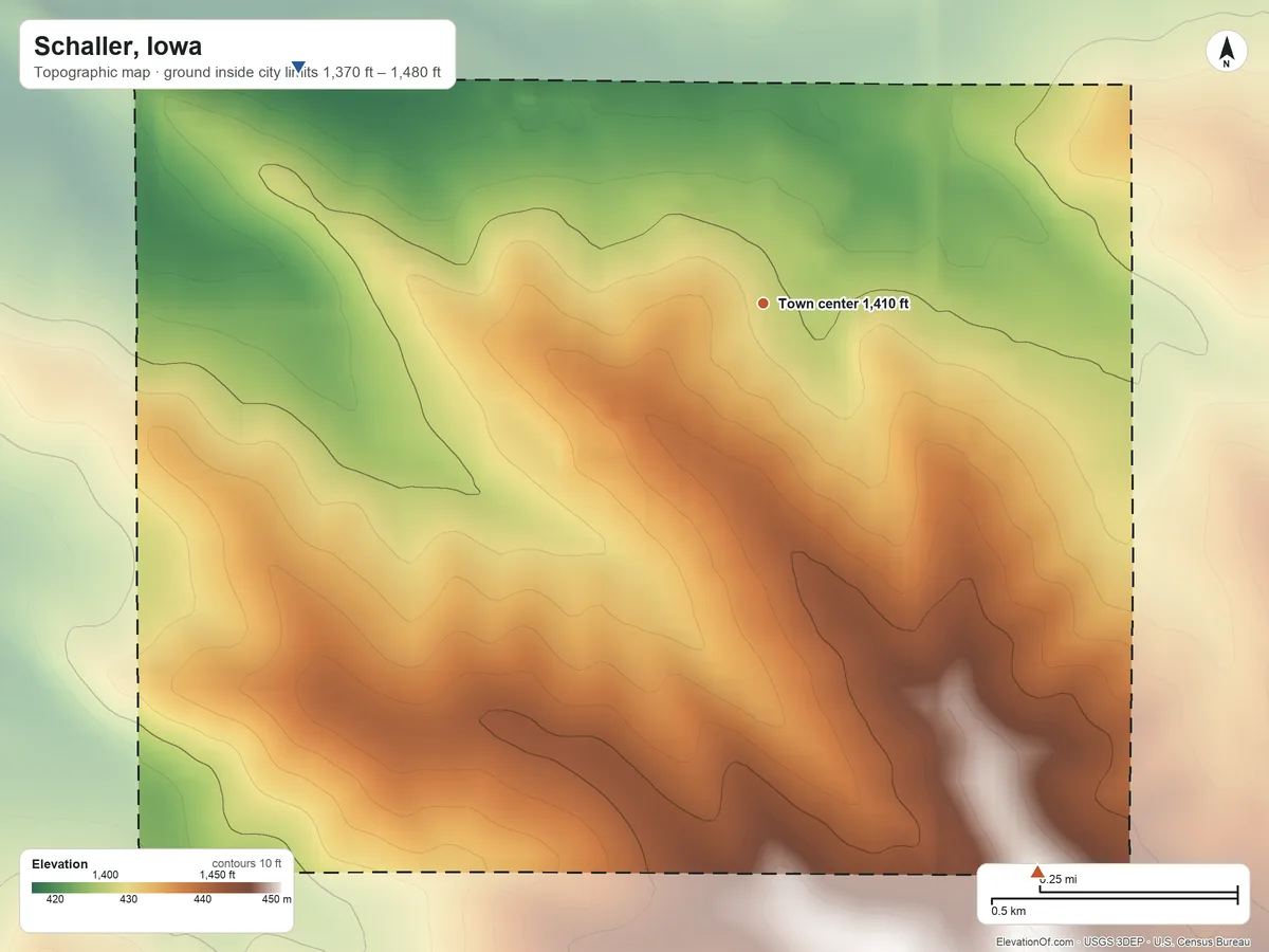 Topographic elevation map of Schaller, Iowa, shaded from 1,370 ft on the northwest side to 1,480 ft on the southeast side