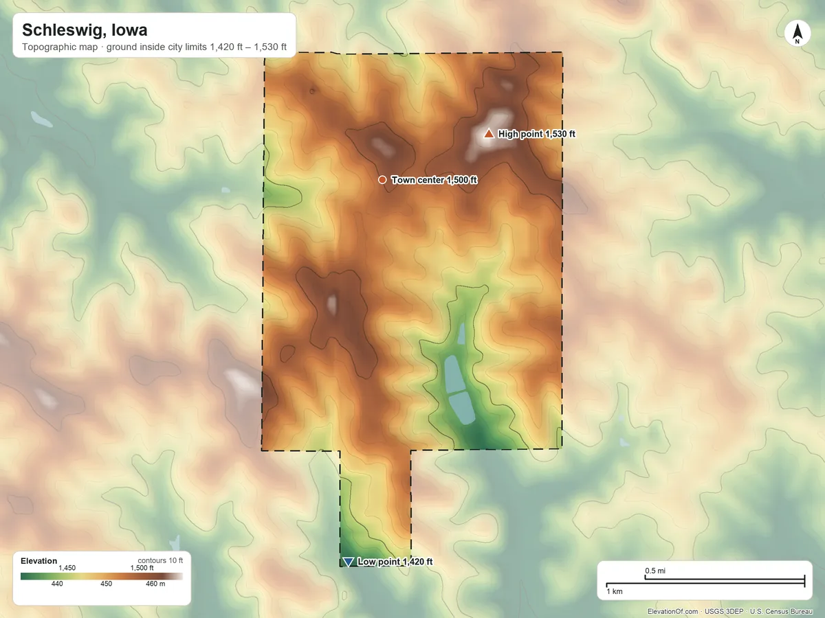 Topographic elevation map of Schleswig, Iowa, shaded from 1,420 ft on the south side to 1,530 ft on the northeast side