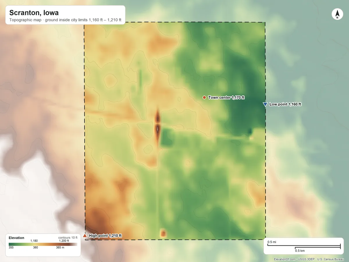 Topographic elevation map of Scranton, Iowa, shaded from 1,160 ft on the east side to 1,210 ft on the southwest side