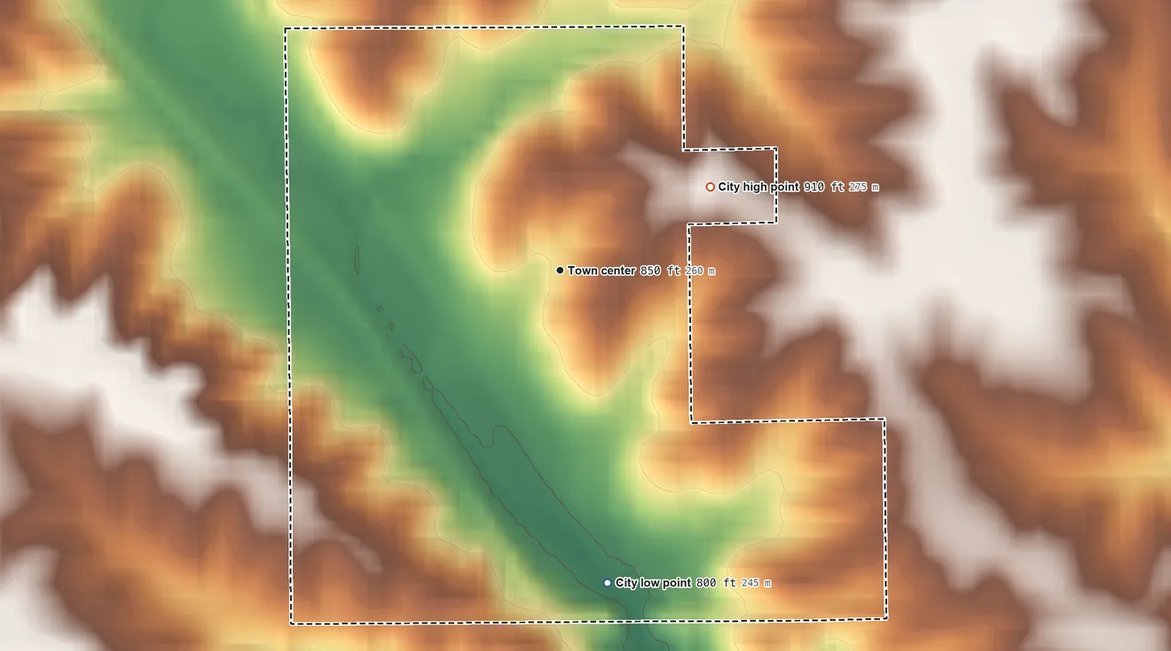 Topographic elevation map of Searsboro, Iowa, shaded from 800 ft on the south side to 910 ft on the northeast side