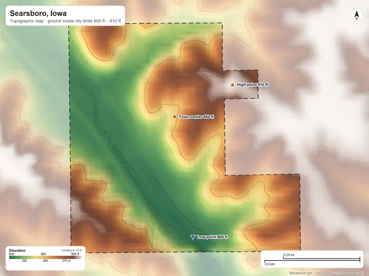 Topographic elevation map of Searsboro, Iowa, shaded from 800 ft on the south side to 910 ft on the northeast side