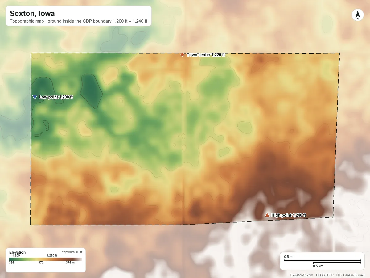 Topographic elevation map of Sexton, Iowa, shaded from 1,200 ft on the west side to 1,240 ft on the southeast side
