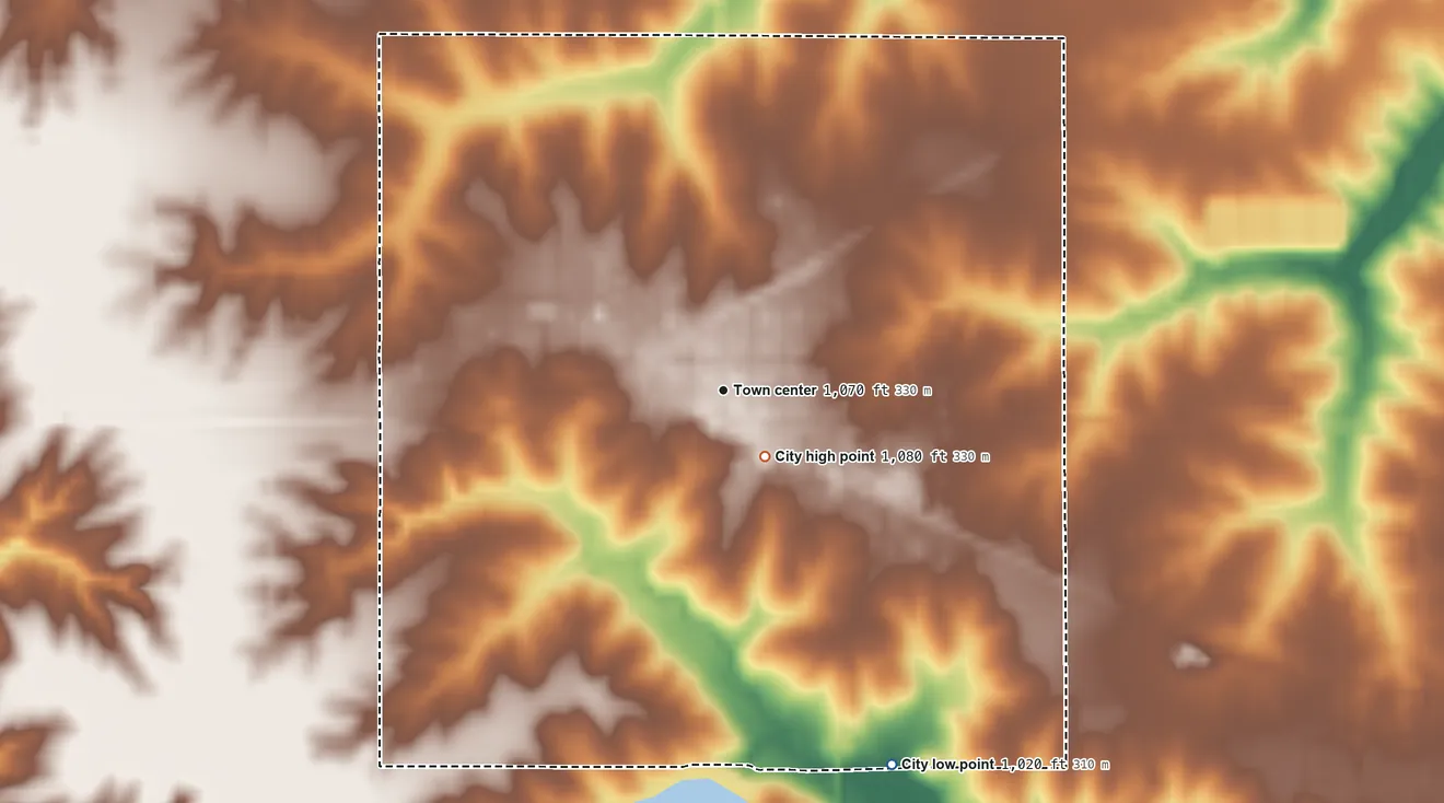 Topographic elevation map of Seymour, Iowa, shaded from 1,020 ft on the southeast side to 1,080 ft near the middle
