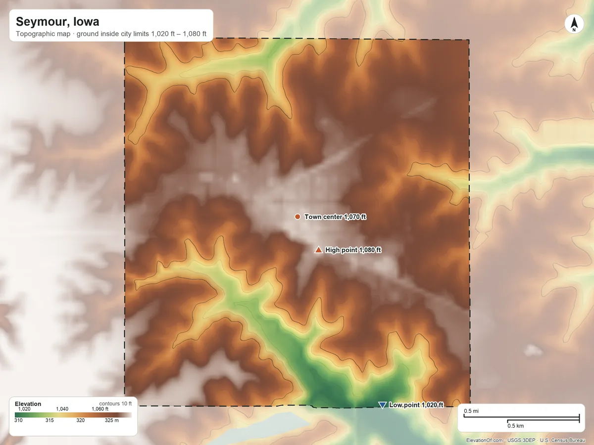 Topographic elevation map of Seymour, Iowa, shaded from 1,020 ft on the southeast side to 1,080 ft near the middle