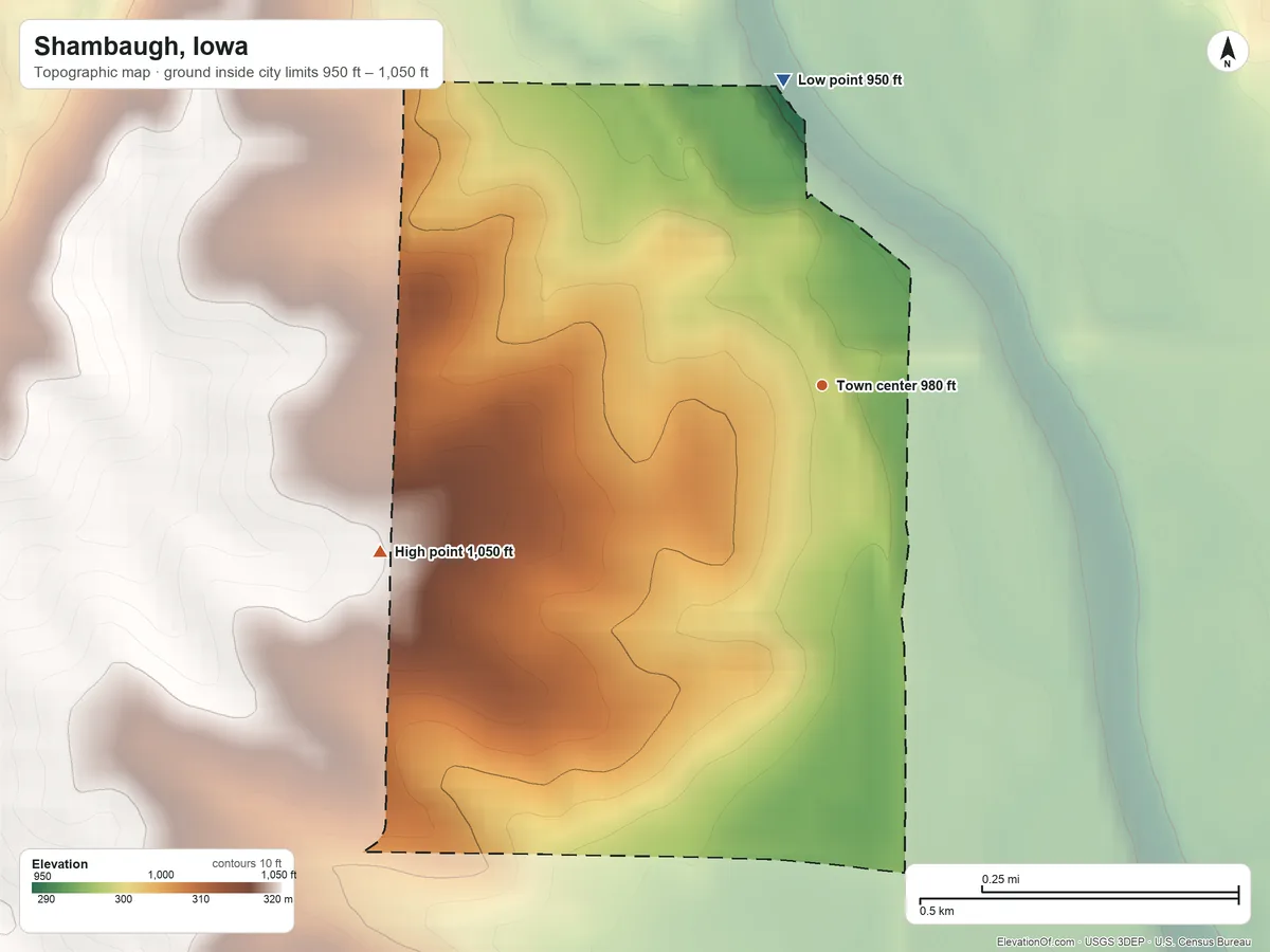 Topographic elevation map of Shambaugh, Iowa, shaded from 950 ft on the north side to 1,050 ft on the west side