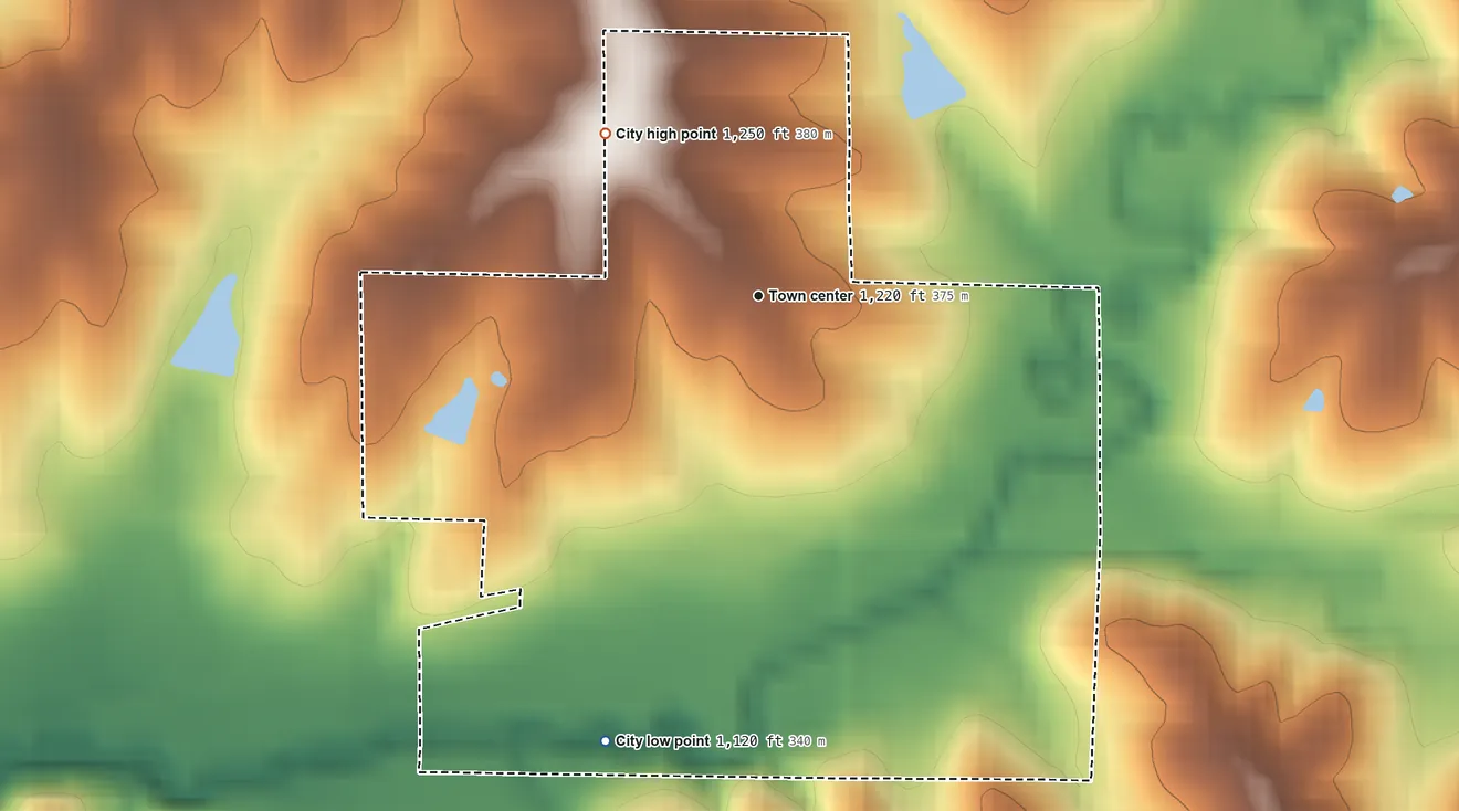 Topographic elevation map of Shannon City, Iowa, shaded from 1,120 ft on the south side to 1,250 ft on the northwest side