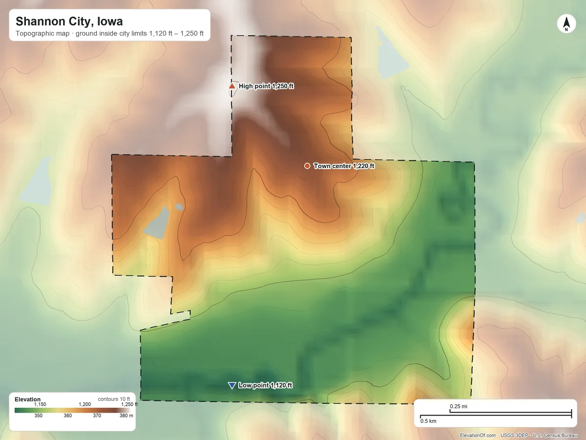 Topographic elevation map of Shannon City, Iowa, shaded from 1,120 ft on the south side to 1,250 ft on the northwest side