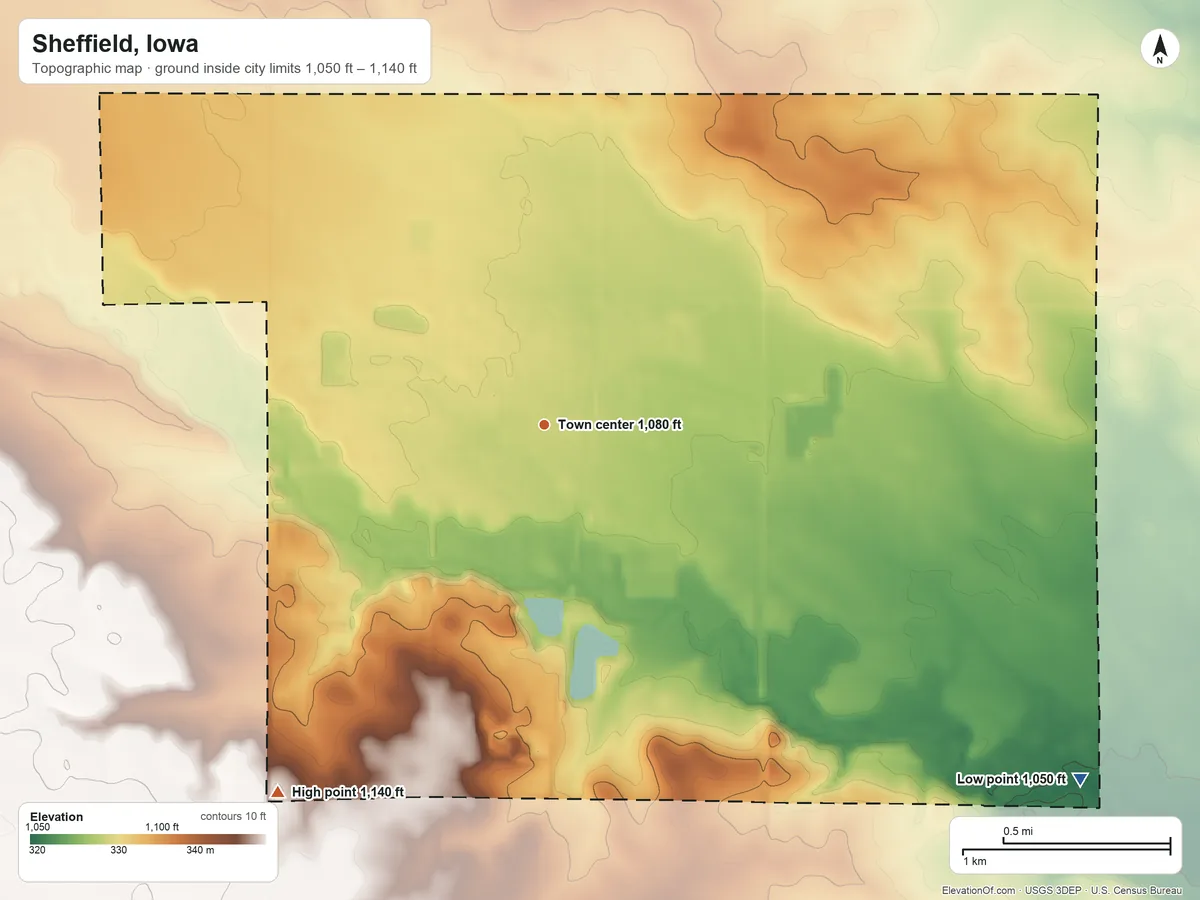 Topographic elevation map of Sheffield, Iowa, shaded from 1,050 ft on the southeast side to 1,140 ft on the southwest side