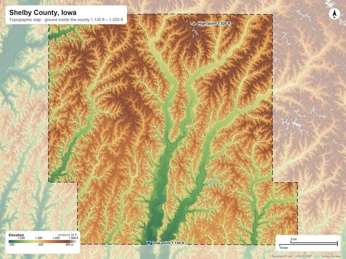 Topographic elevation map of Shelby County, Iowa, shaded from 1,130 ft on the south side to 1,520 ft on the north side