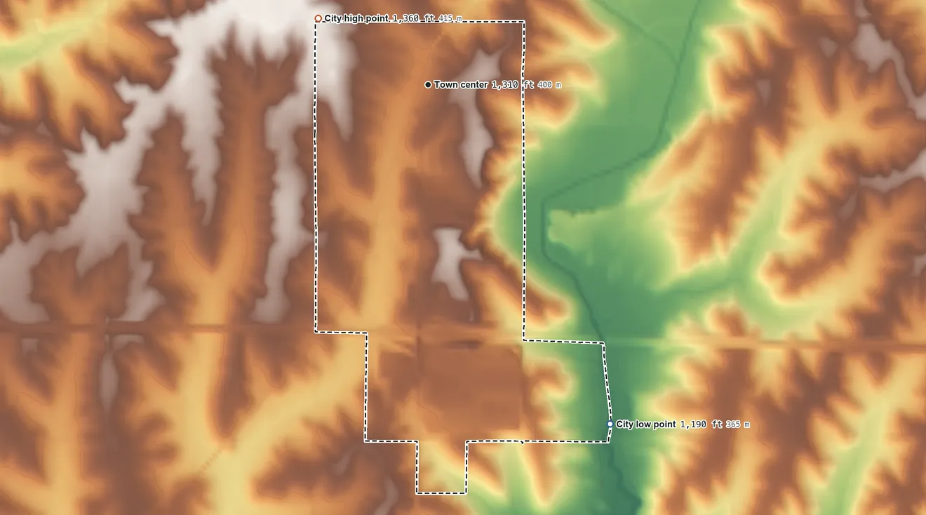 Topographic elevation map of Shelby, Iowa, shaded from 1,190 ft on the southeast side to 1,360 ft on the northwest side