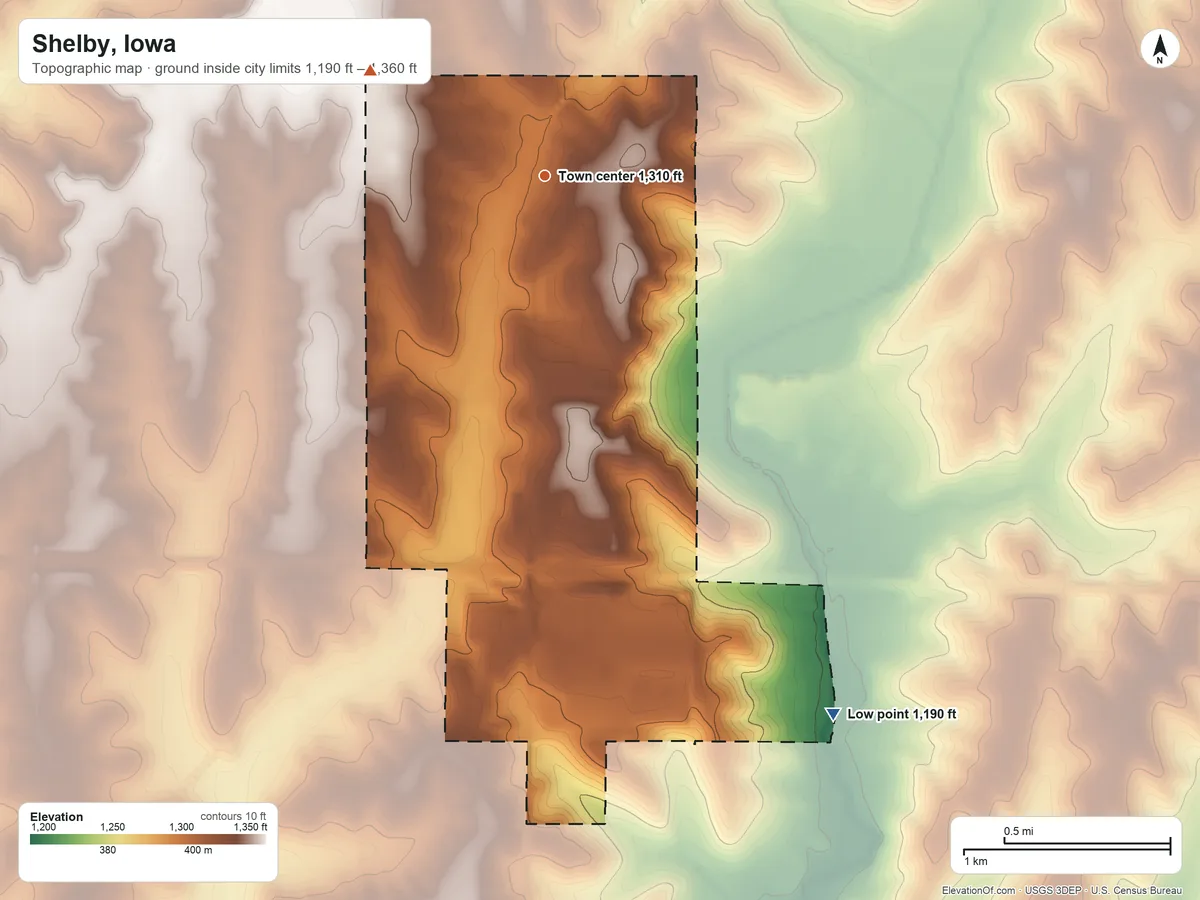 Topographic elevation map of Shelby, Iowa, shaded from 1,190 ft on the southeast side to 1,360 ft on the northwest side
