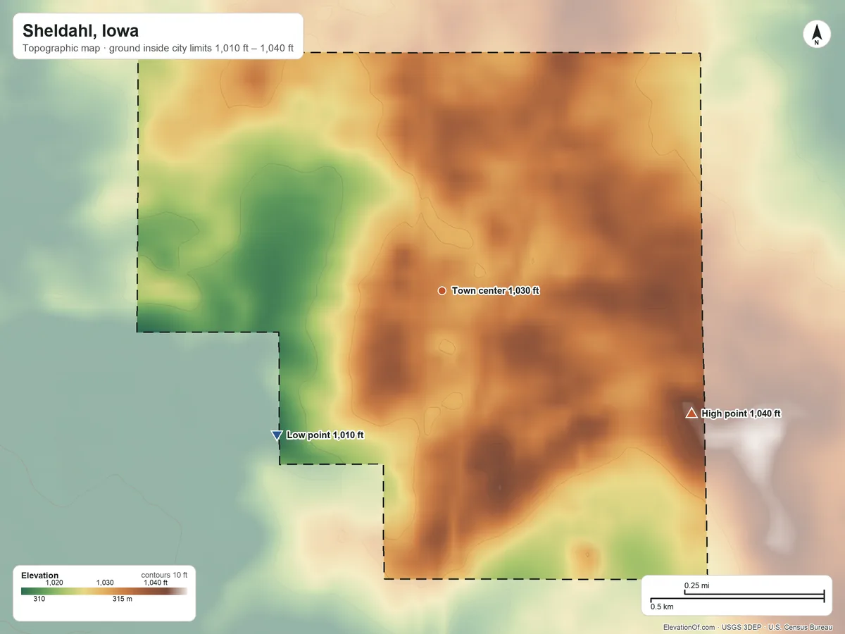 Topographic elevation map of Sheldahl, Iowa, shaded from 1,010 ft on the southwest side to 1,040 ft on the southeast side