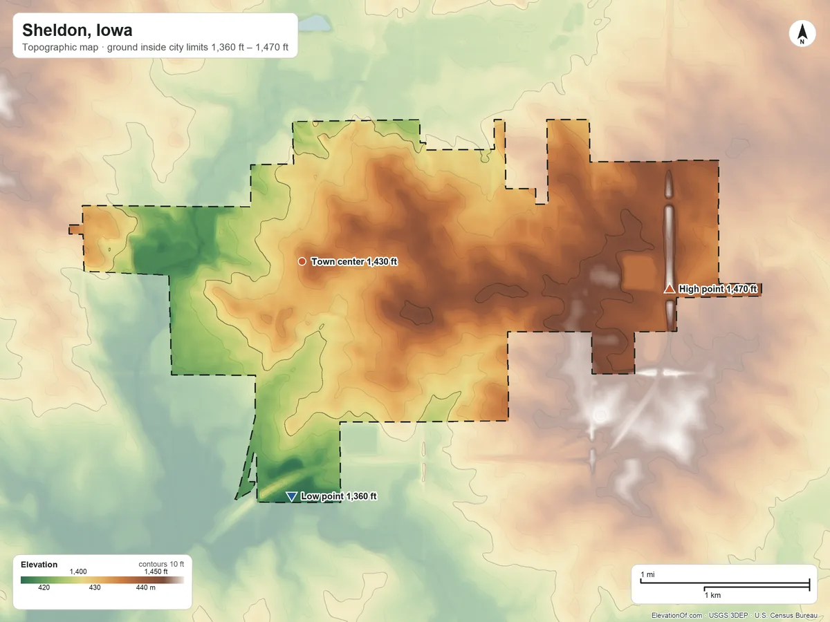 Topographic elevation map of Sheldon, Iowa, shaded from 1,360 ft on the south side to 1,470 ft on the east side