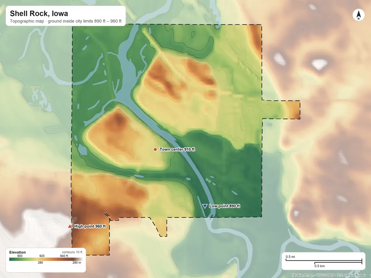 Topographic elevation map of Shell Rock, Iowa, shaded from 890 ft on the southeast side to 960 ft on the southwest side