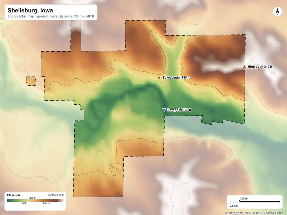 Topographic elevation map of Shellsburg, Iowa, shaded from 760 ft on the south side to 840 ft on the east side