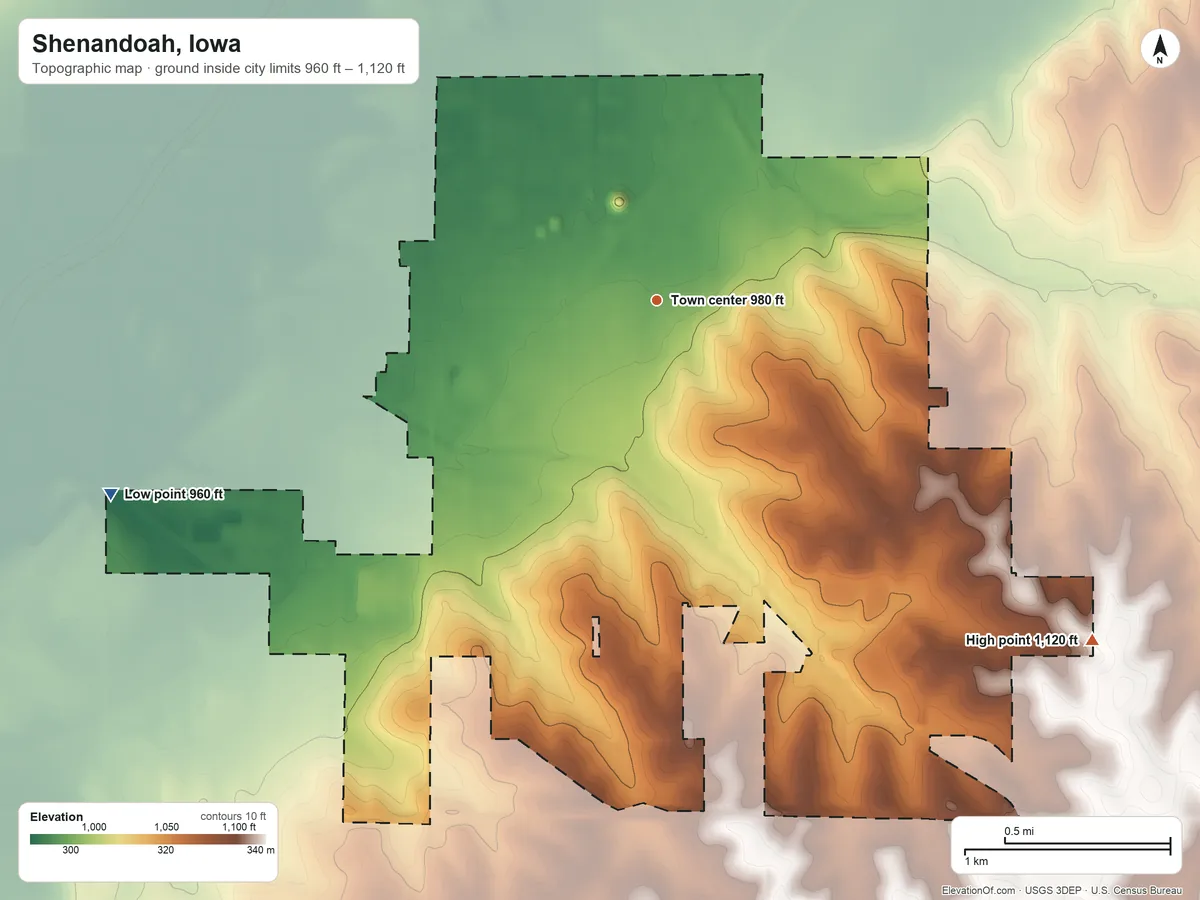 Topographic elevation map of Shenandoah, Iowa, shaded from 960 ft on the west side to 1,120 ft on the southeast side