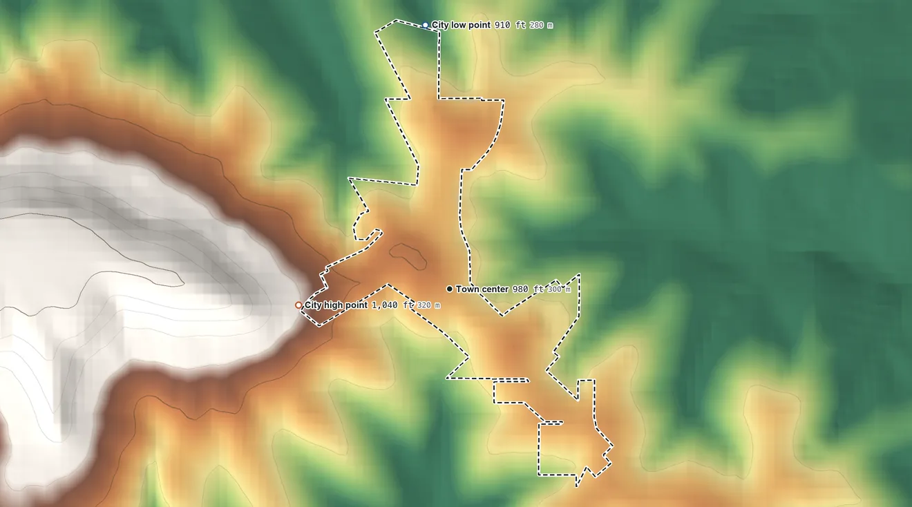 Topographic elevation map of Sherrill, Iowa, shaded from 910 ft on the north side to 1,040 ft on the west side