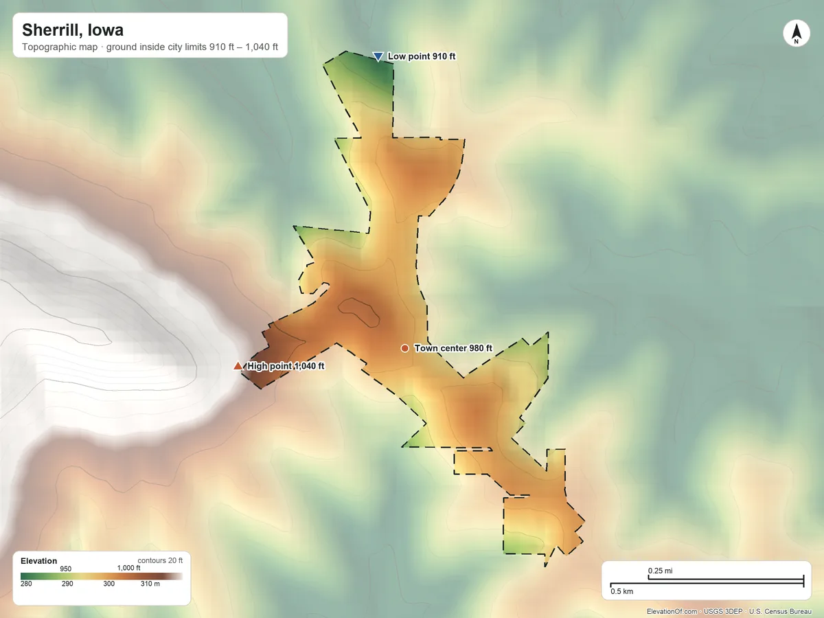 Topographic elevation map of Sherrill, Iowa, shaded from 910 ft on the north side to 1,040 ft on the west side