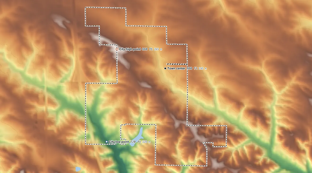 Topographic elevation map of Shueyville, Iowa, shaded from 720 ft on the southwest side to 880 ft on the west side