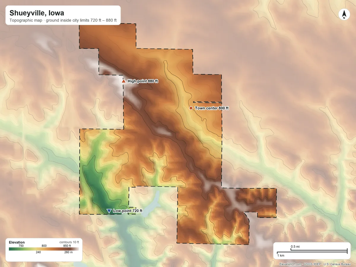 Topographic elevation map of Shueyville, Iowa, shaded from 720 ft on the southwest side to 880 ft on the west side