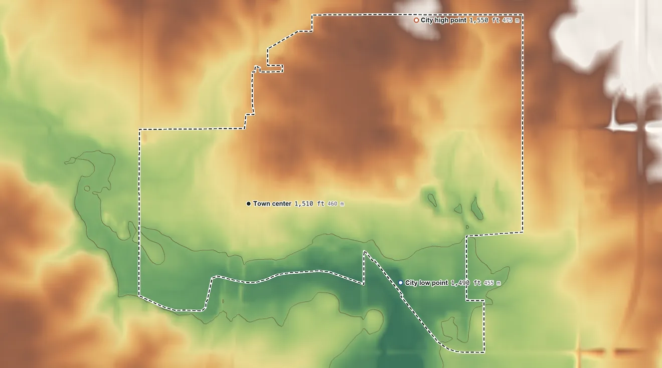 Topographic elevation map of Sibley, Iowa, shaded from 1,490 ft on the southeast side to 1,550 ft on the northeast side