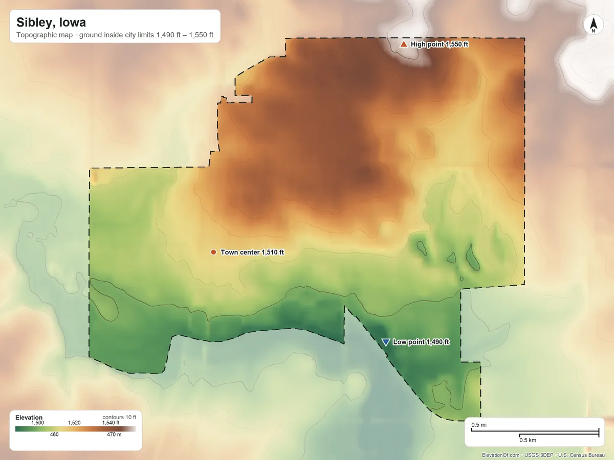 Topographic elevation map of Sibley, Iowa, shaded from 1,490 ft on the southeast side to 1,550 ft on the northeast side