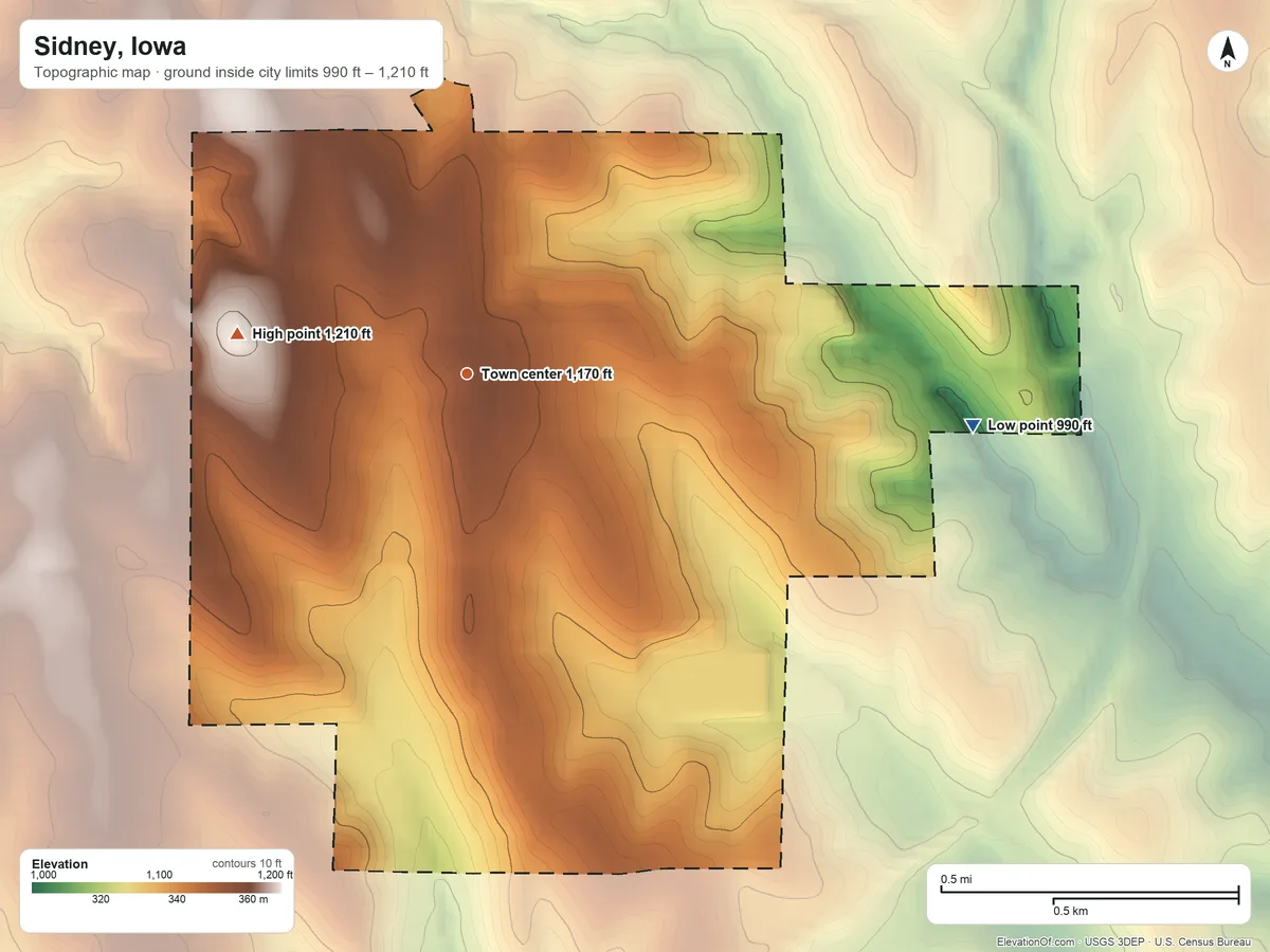 Topographic elevation map of Sidney, Iowa, shaded from 990 ft on the east side to 1,210 ft on the west side