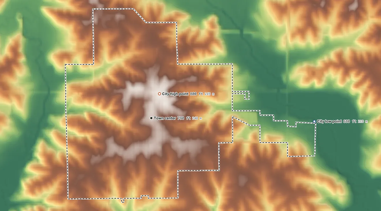 Topographic elevation map of Sigourney, Iowa, shaded from 680 ft on the east side to 800 ft near the middle