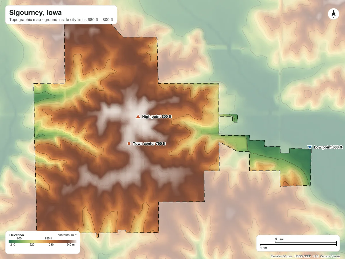 Topographic elevation map of Sigourney, Iowa, shaded from 680 ft on the east side to 800 ft near the middle
