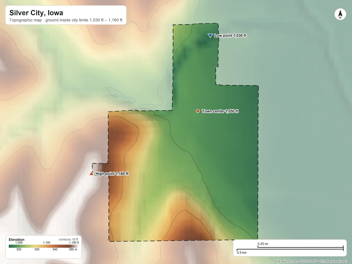 Topographic elevation map of Silver City, Iowa, shaded from 1,030 ft on the north side to 1,160 ft on the southwest side