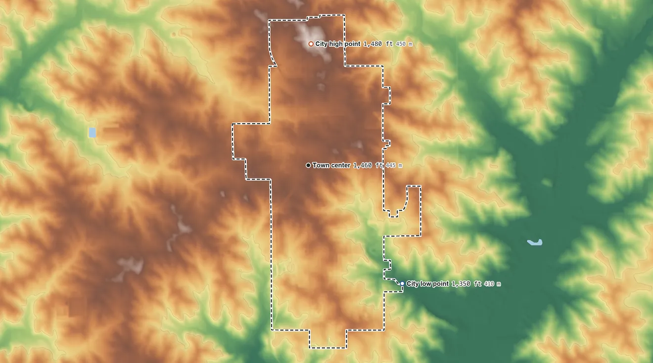 Topographic elevation map of Sioux Center, Iowa, shaded from 1,350 ft on the southeast side to 1,480 ft on the north side