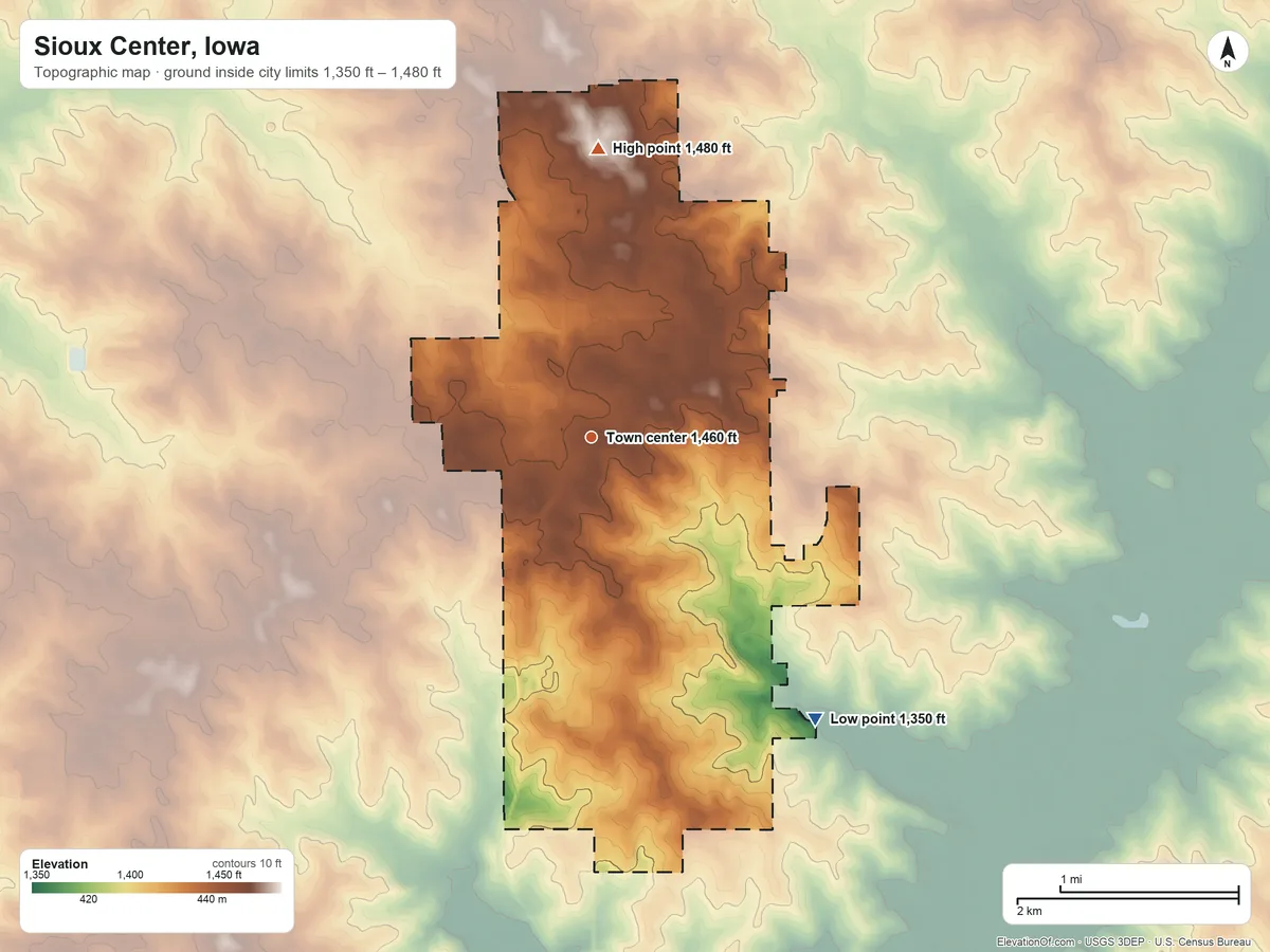 Topographic elevation map of Sioux Center, Iowa, shaded from 1,350 ft on the southeast side to 1,480 ft on the north side