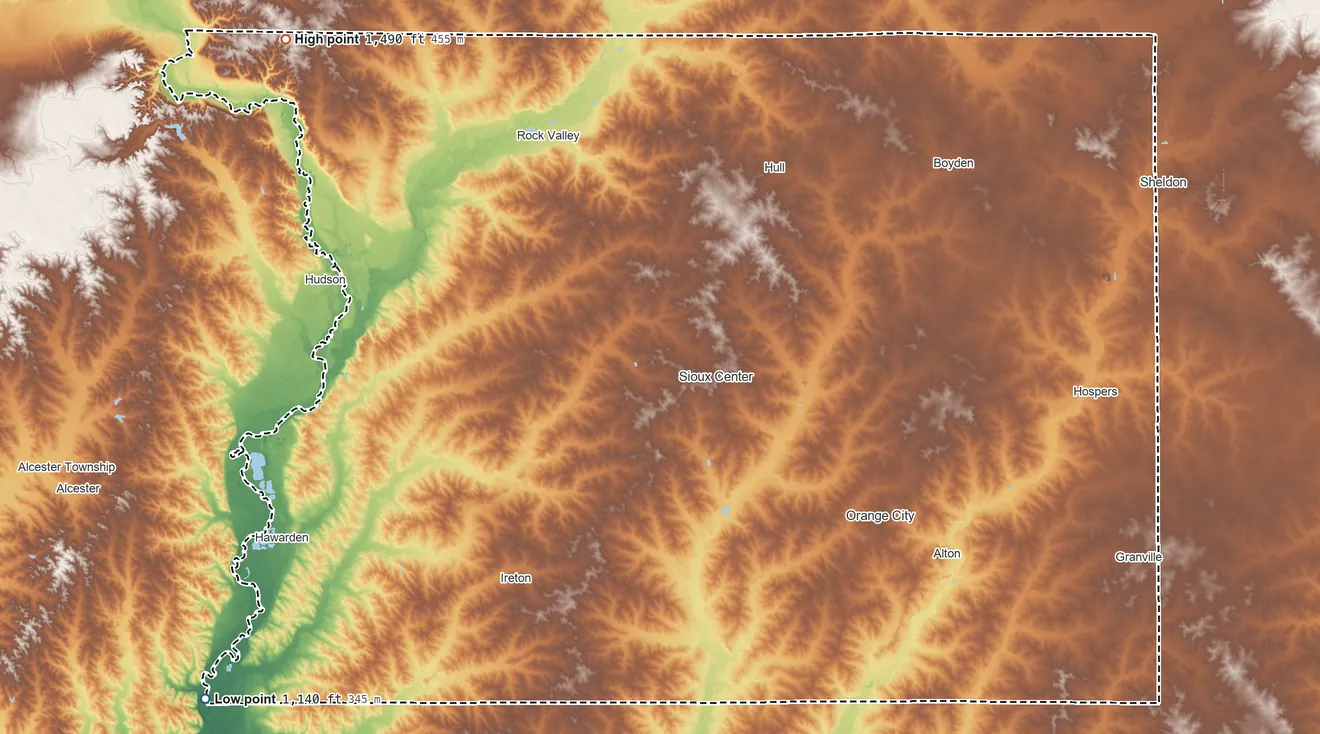 Topographic elevation map of Sioux County, Iowa, shaded from 1,140 ft on the southwest side to 1,490 ft on the northwest side