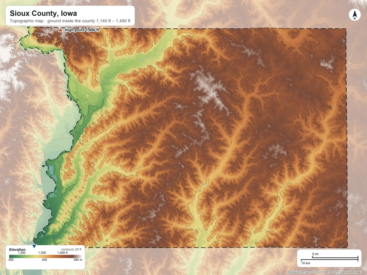 Topographic elevation map of Sioux County, Iowa, shaded from 1,140 ft on the southwest side to 1,490 ft on the northwest side