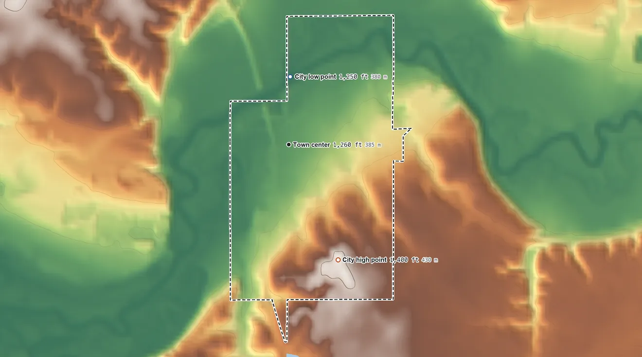 Topographic elevation map of Sioux Rapids, Iowa, shaded from 1,250 ft on the north side to 1,400 ft on the southeast side