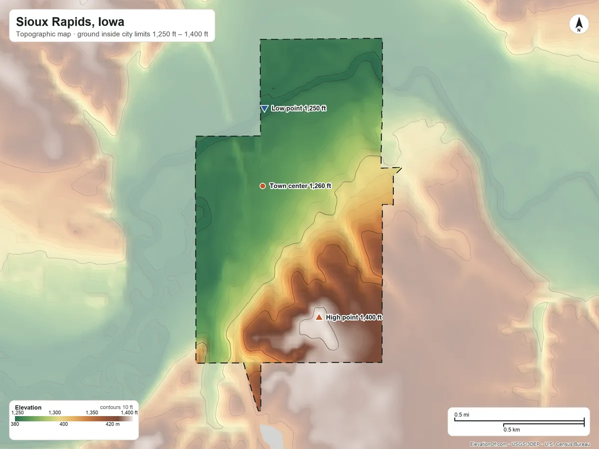 Topographic elevation map of Sioux Rapids, Iowa, shaded from 1,250 ft on the north side to 1,400 ft on the southeast side