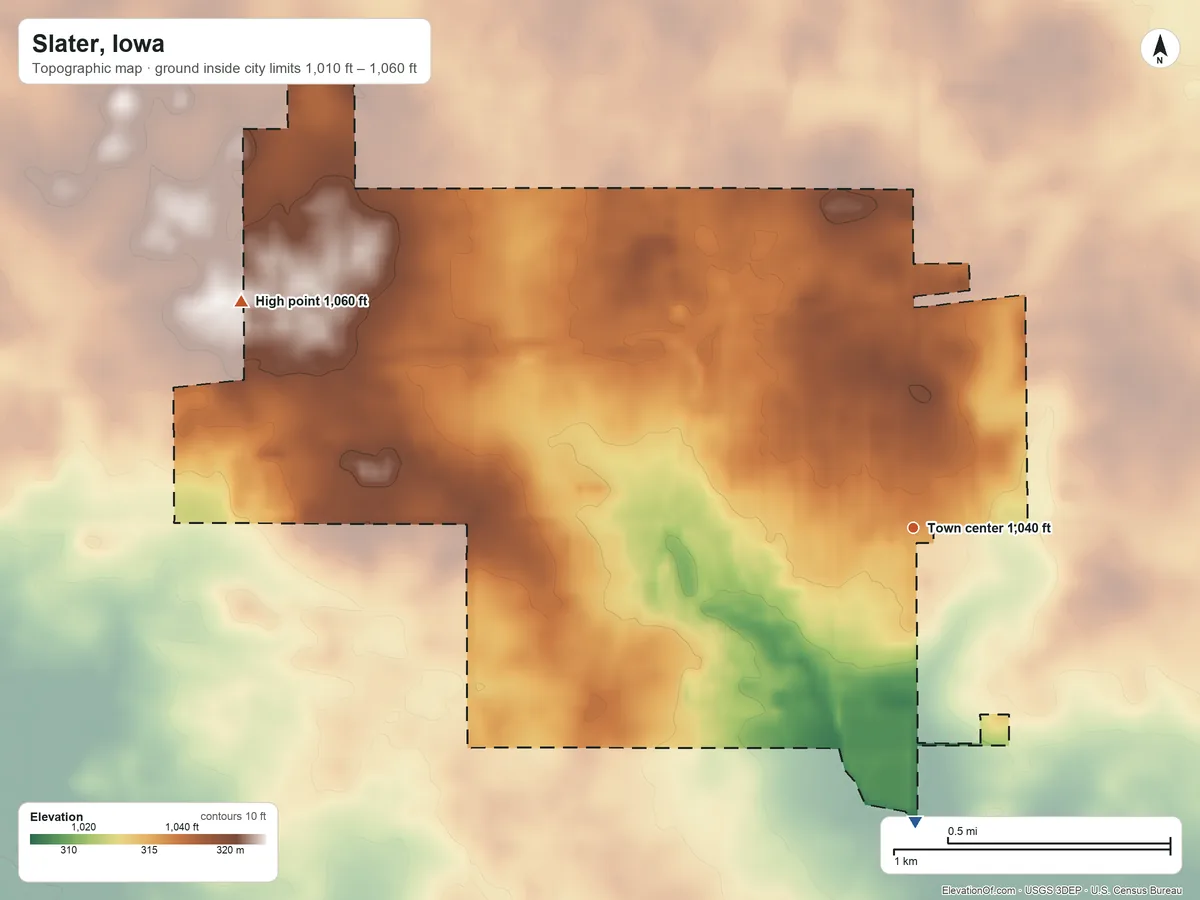 Topographic elevation map of Slater, Iowa, shaded from 1,010 ft on the south side to 1,060 ft on the west side