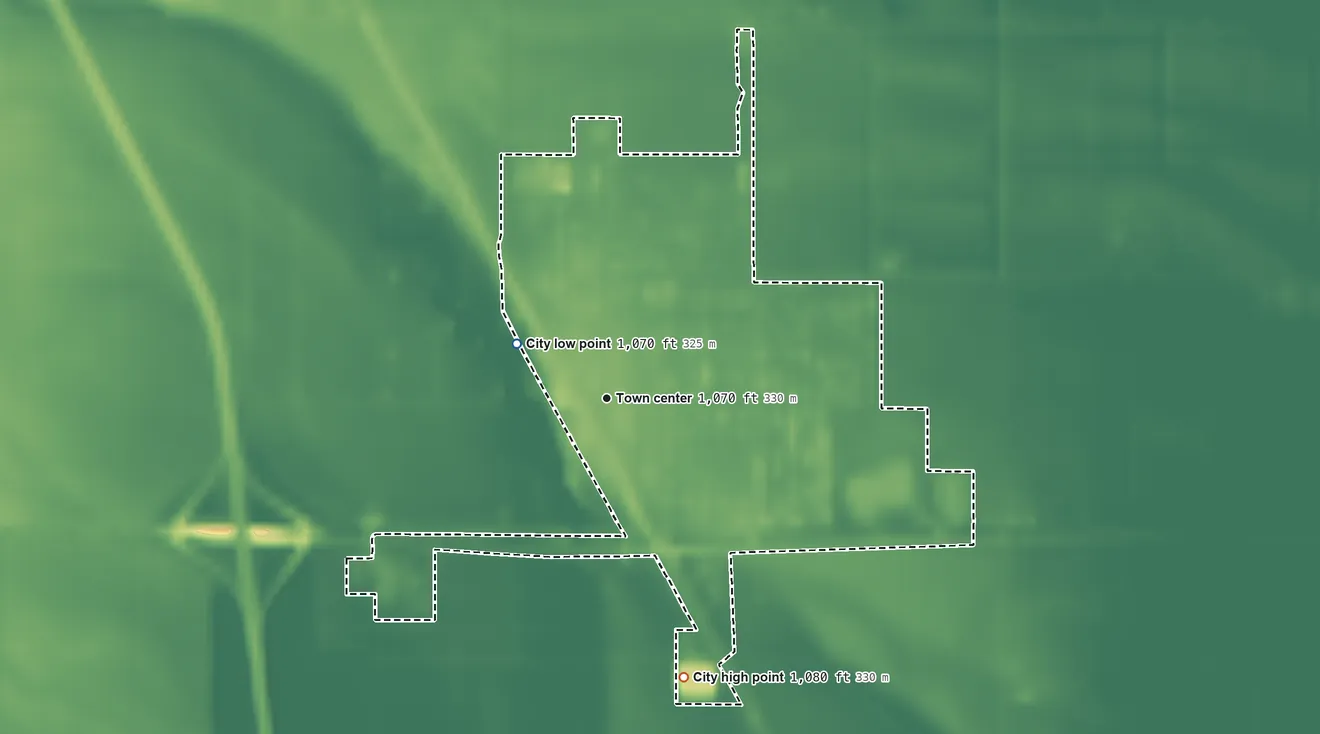 Topographic elevation map of Sloan, Iowa, shaded from 1,070 ft on the northwest side to 1,080 ft on the south side
